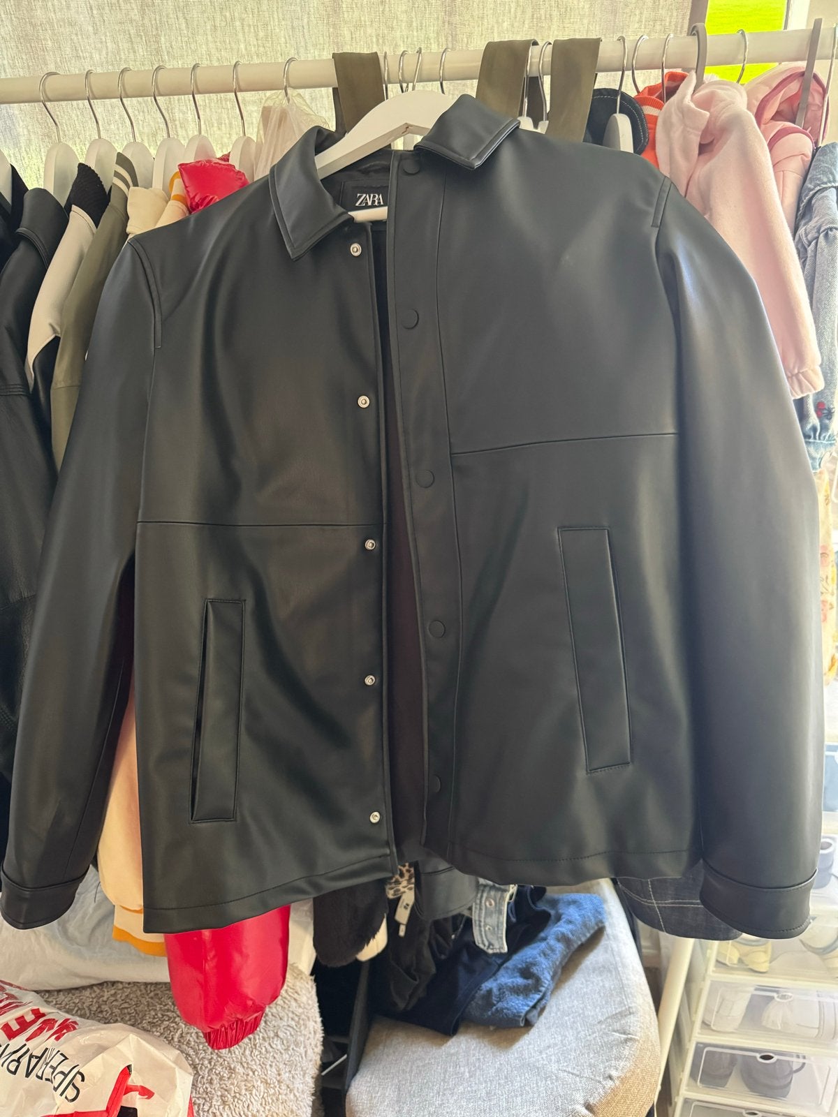 Zara Zwart Faux Leren Overhemd Jas - Maat M, Ophalen of Verzenden, Gedragen, Zwart