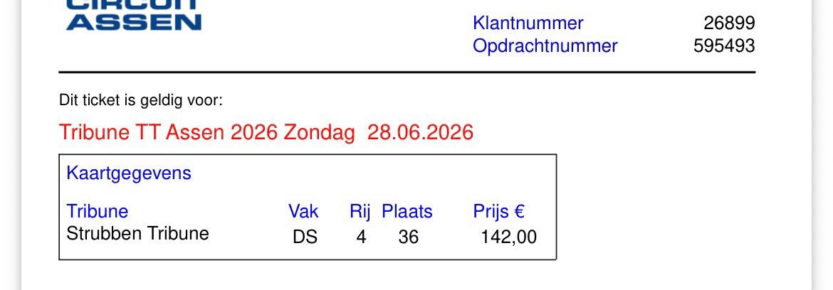 TT Assen tickets 2x strubben tribune zondag, Twee personen