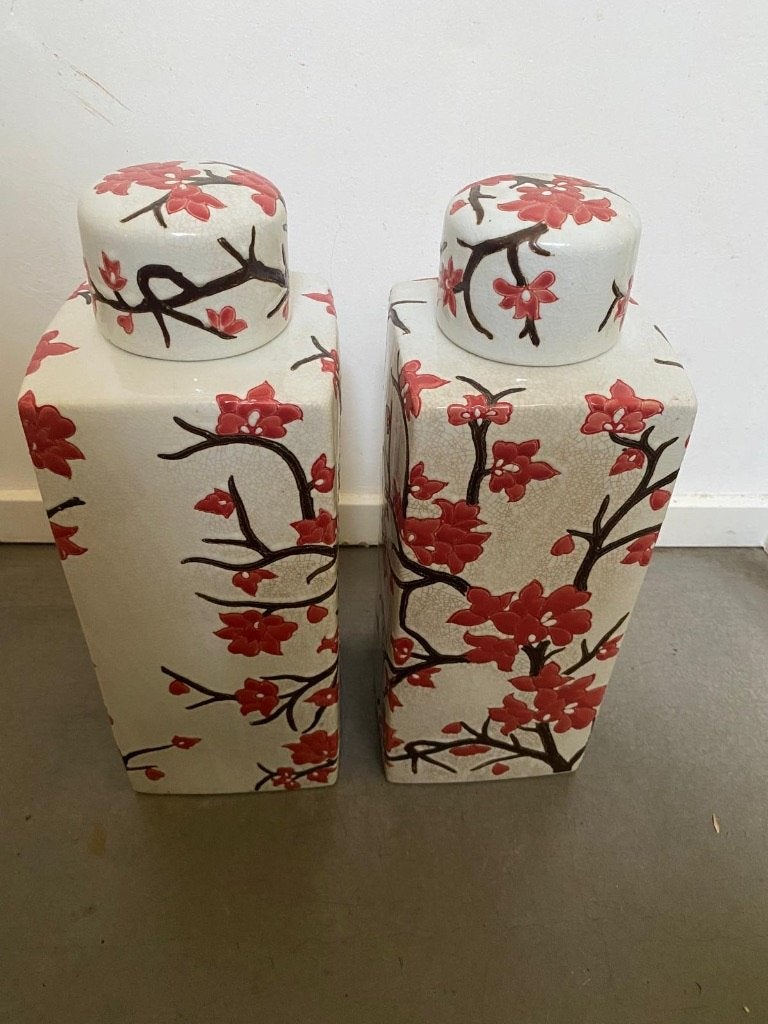 Gemberpotten met kersenbloesemmotief, deksel, in goede staat, Overige materialen, 41 cm, Ophalen of Verzenden, Zo goed als nieuw