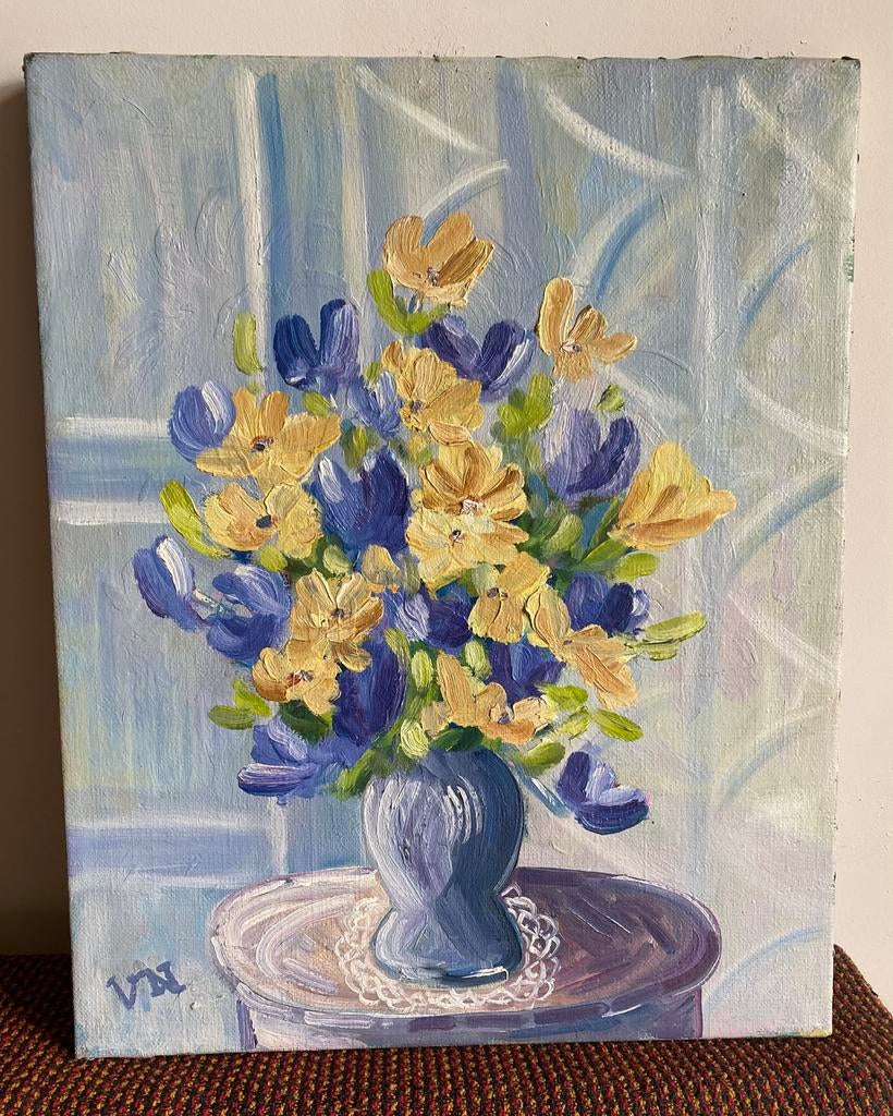 Stilleven met bloemen - Villy Niemann, 1988 Denemarken, Ophalen of Verzenden, Zo goed als nieuw, Minder dan 50 cm, Schilderij
