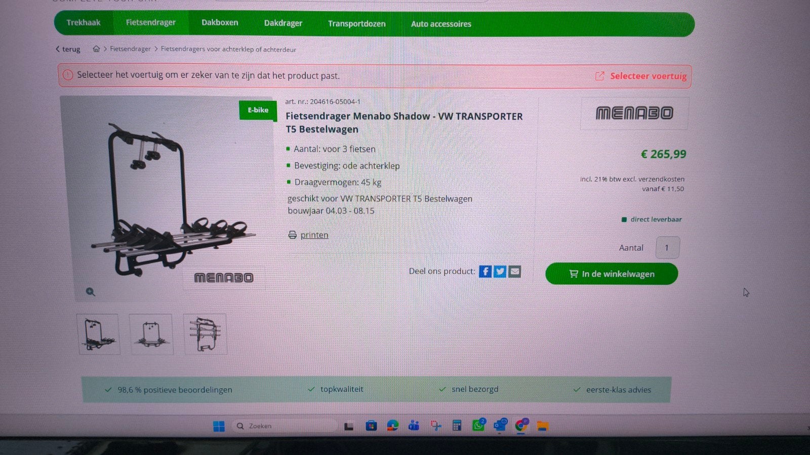 Fietsdrager voor 3 fietsen, VW T5, Ophalen, Gebruikt, Achterklepdrager
