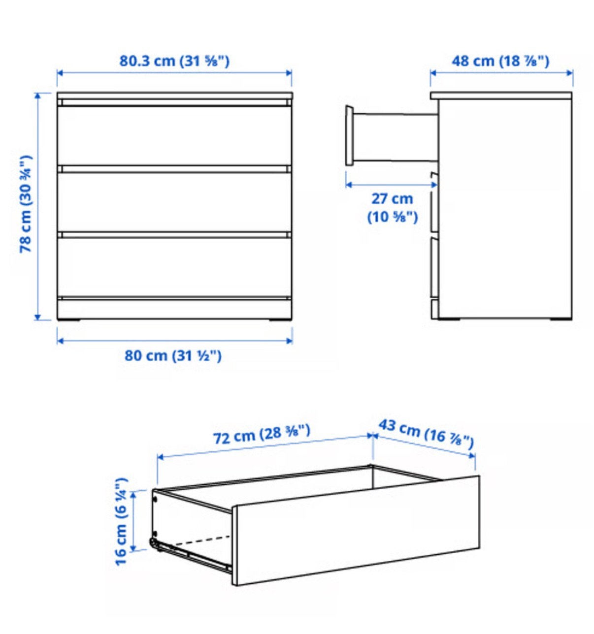 Ikea Malm ladekast, 3 lades, wit, 80x78, NIEUW in doos., Ophalen, Nieuw, 50 tot 100 cm, 3 of 4 laden
