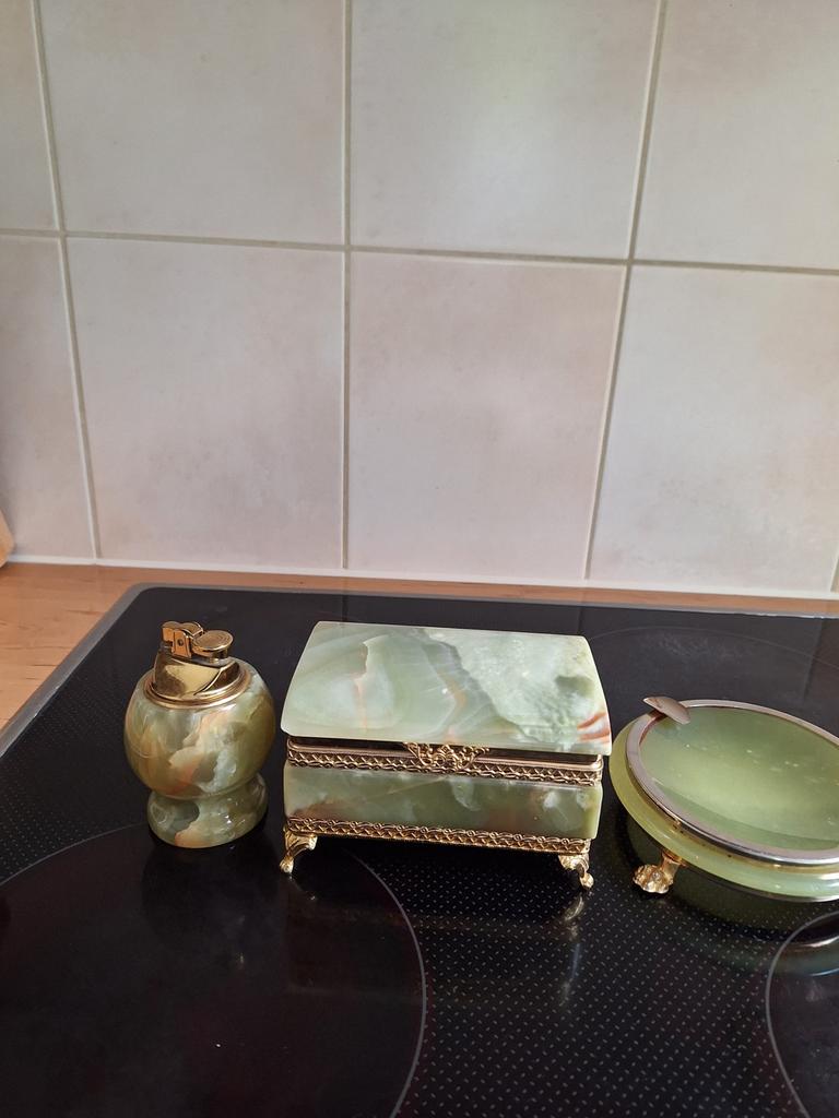 Vintage Onyx Set: Aansteker, Doosje & Asbak, Ophalen of Verzenden