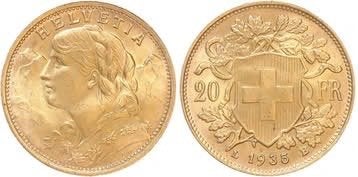20 Francs goud Zwitserland 1935B UNC, Ophalen of Verzenden, Overige landen, Losse munt, Goud