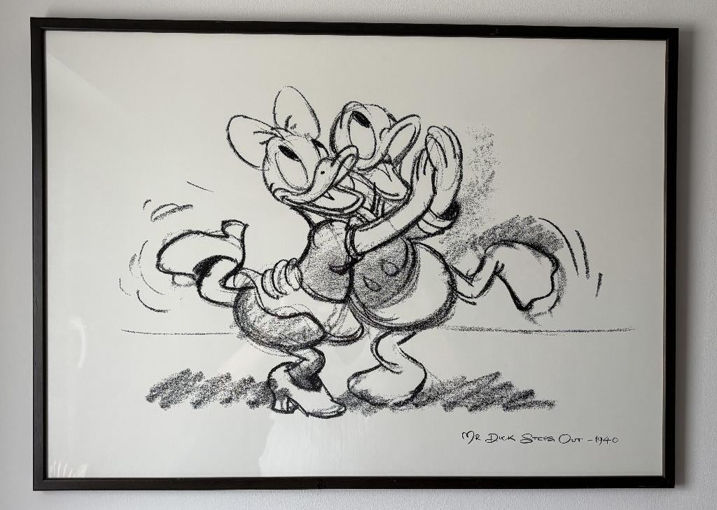 TE KOOP: Ingelijste Disney prent van een litho (uit 1940), Ophalen, Donald Duck, Zo goed als nieuw, Plaatje of Poster