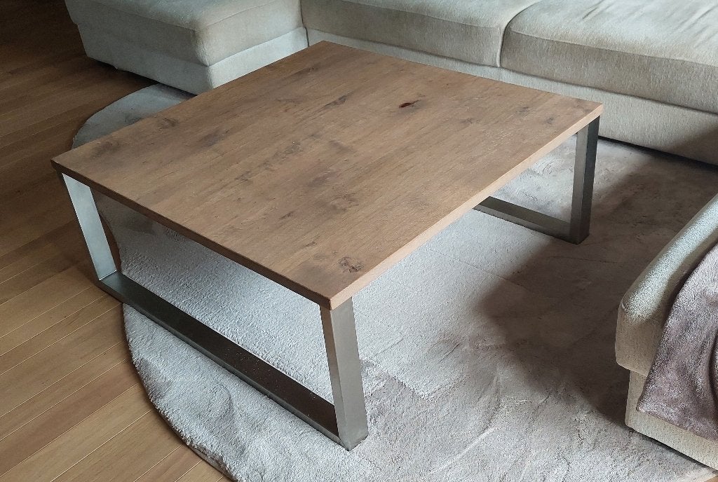 Moderne eiken salontafel met rvs onderstel, Ophalen, 50 tot 100 cm, 50 tot 100 cm, Zo goed als nieuw
