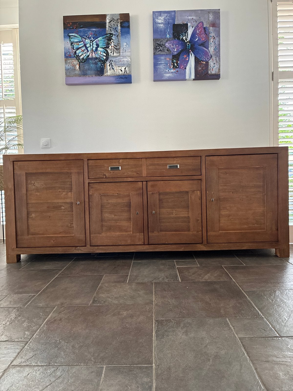 Massief houten dressoir - 220x85x45 cm acacia hout, Ophalen, Gebruikt, 200 cm of meer, Met lade(s)