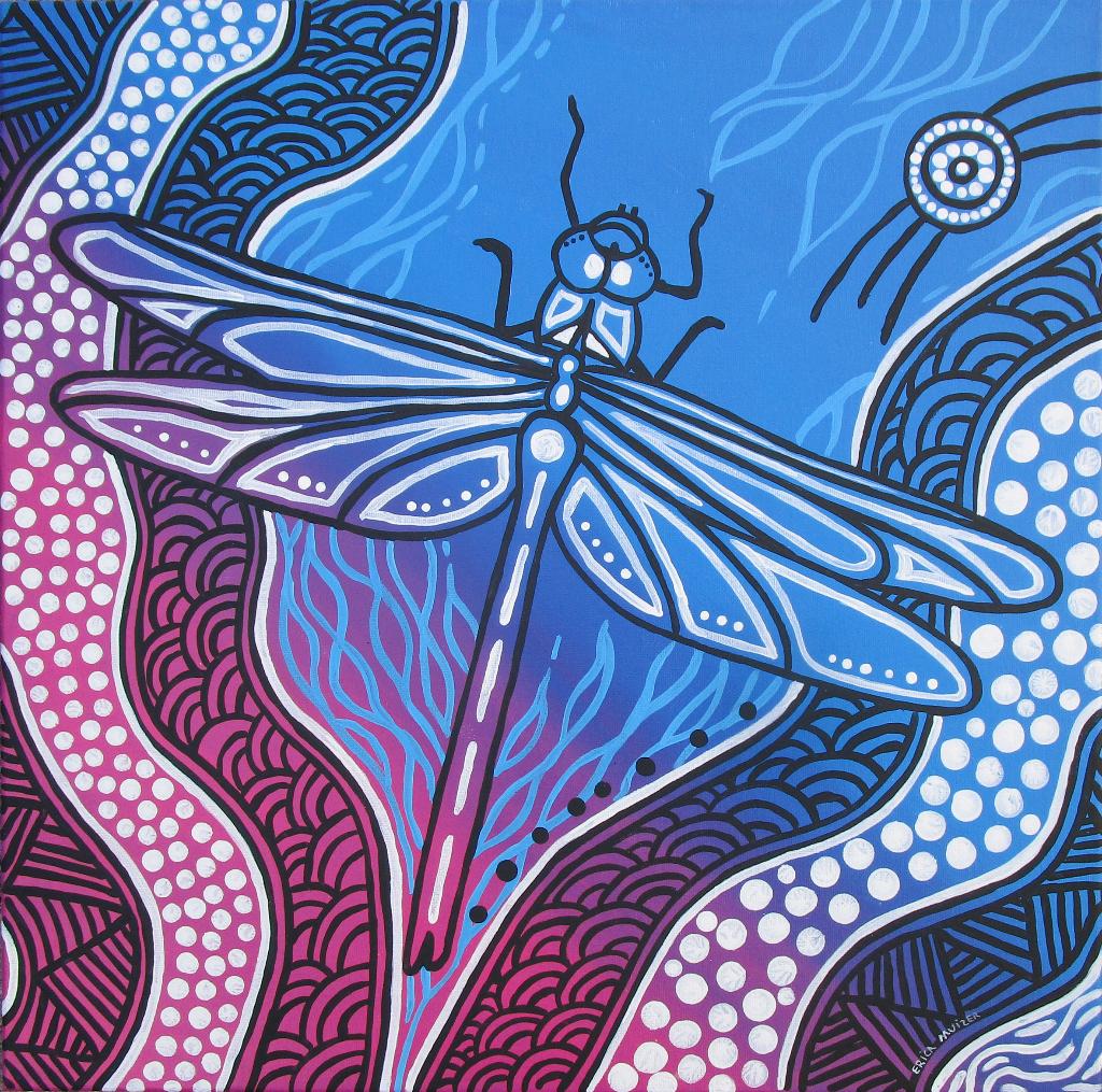 Sfeervol schilderij van een Libelle (Aboriginal), Ophalen of Verzenden