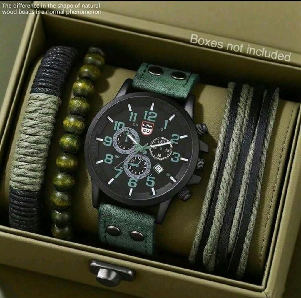Herenhorloge met groene leren band en bijpassende armbanden, Overige merken, Overige materialen, Leer, Polshorloge