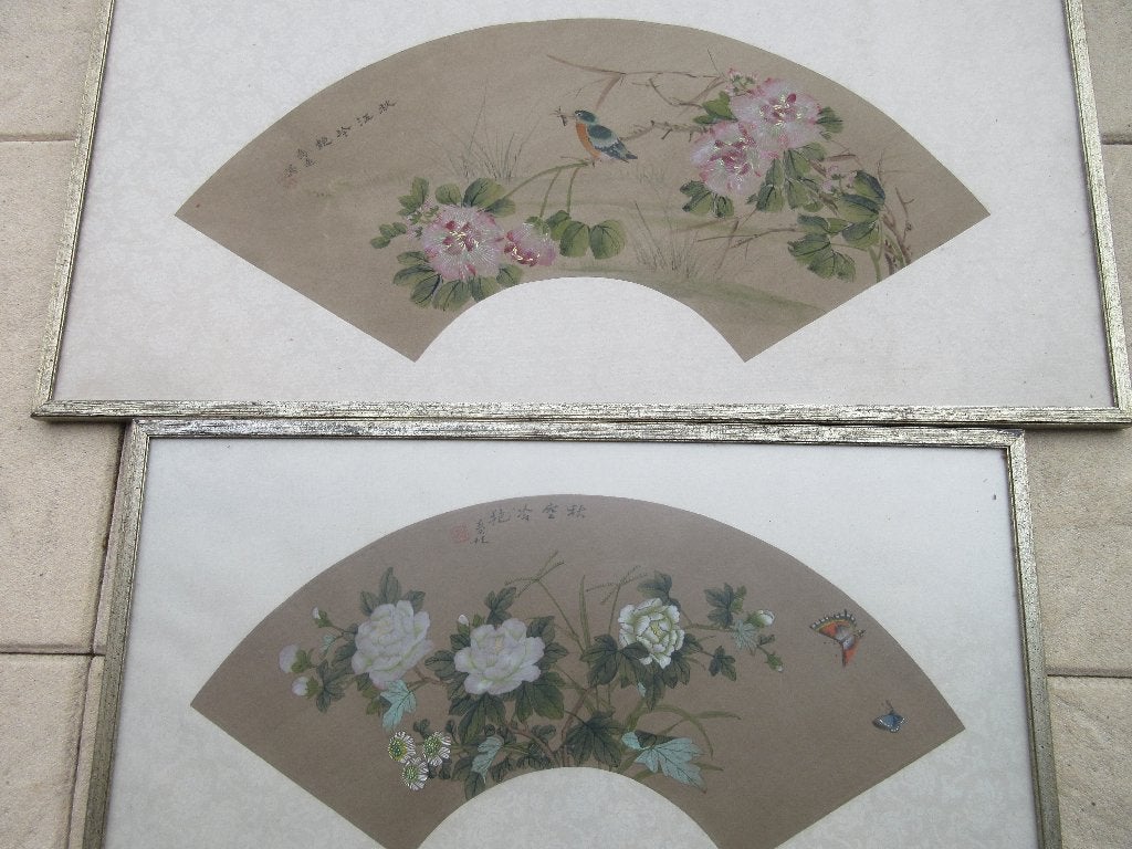 Vintage Chinees waaier schilderij met pioenrozen en vogel, China, Ophalen, Wanddecoratie