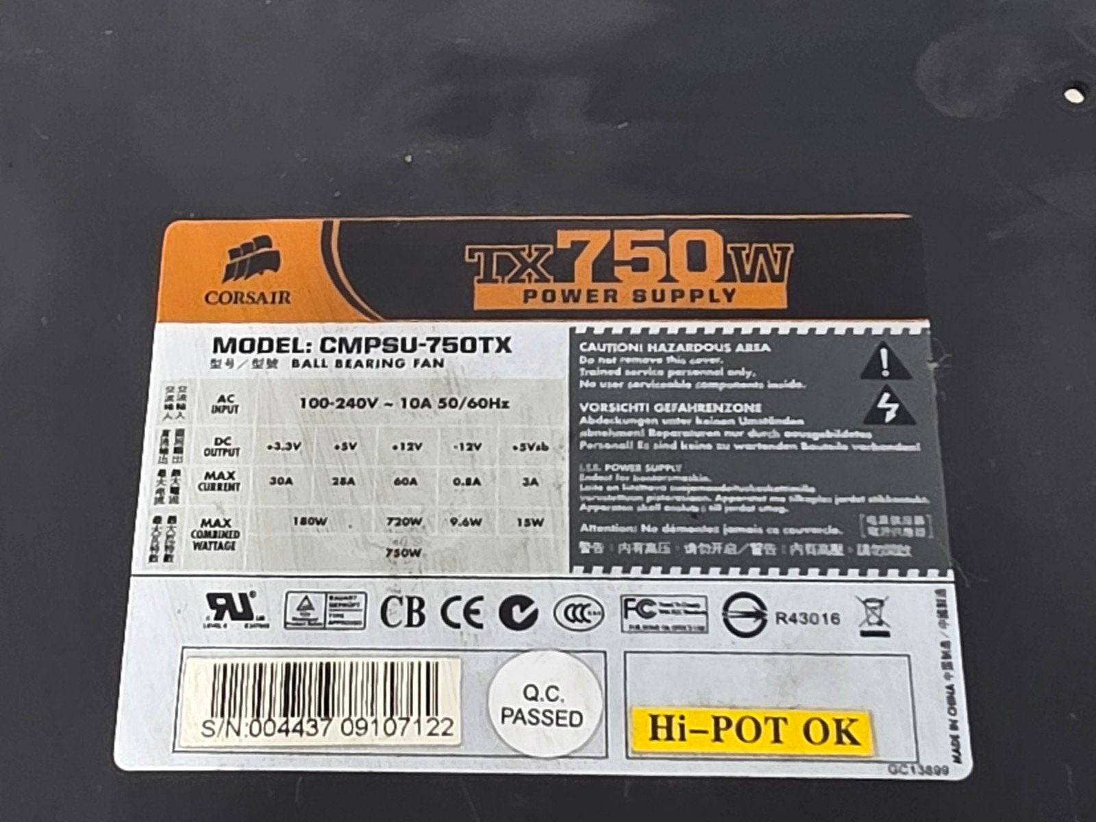 Corsair 750w max voeding psu power supply tx750w, Gebruikt, ., Ophalen of Verzenden, .