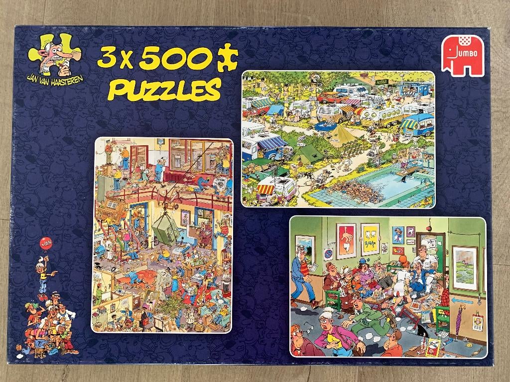 Jan van Haasteren puzzels 3x 500 stukjes in 1 doos, Ophalen of Verzenden, 500 t/m 1500 stukjes, Gebruikt, Legpuzzel