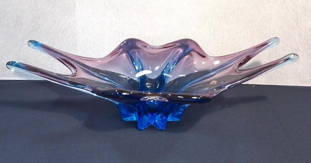 Murano vintage glas object, schaal van blauw glas, handwerk, Gebruikt, Schaal, Vintage, Ophalen of Verzenden