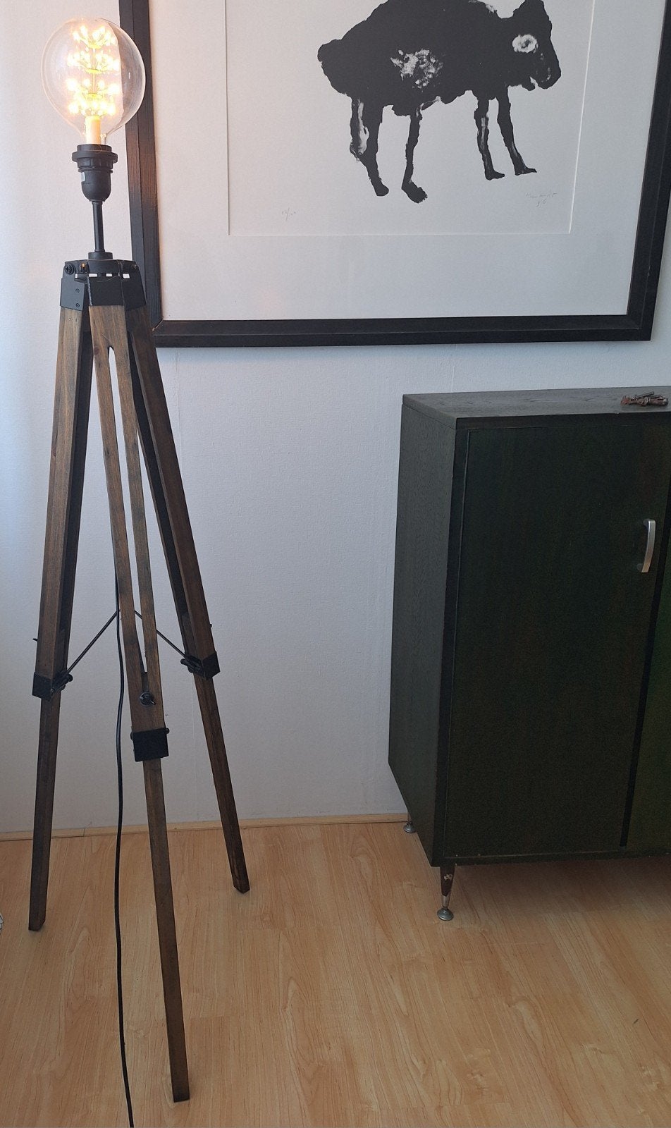 Driepoot vloerlamp in hoogte verstelbaar, hout met metaal, Ophalen of Verzenden, Zo goed als nieuw, Hout, 150 tot 200 cm