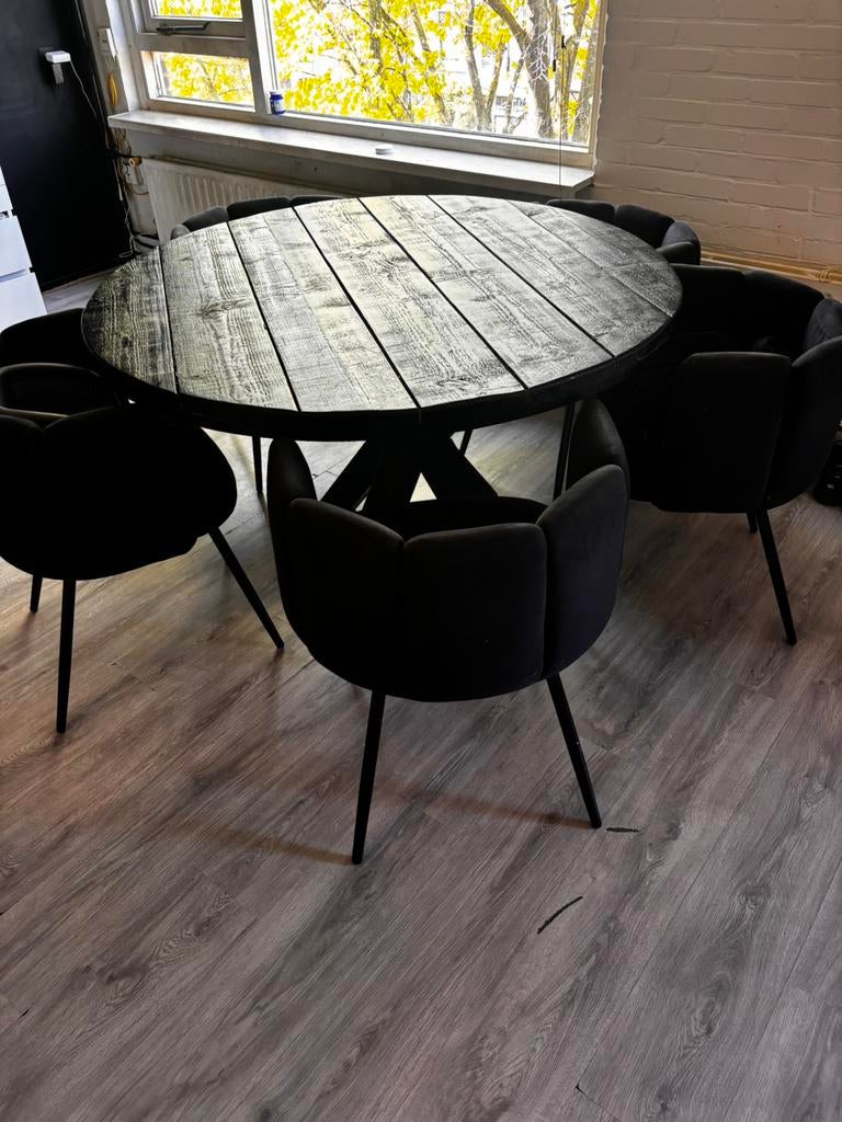 Zwarte ronde houten tafel met 5 eetstoelen, 200 cm of meer, Zo goed als nieuw, Rechthoekig, 50 tot 100 cm