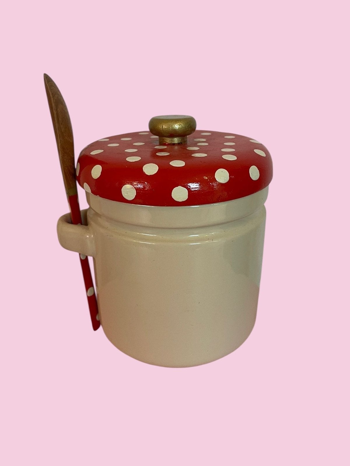 Vintage Zoutpot met Rood-Wit Gestippeld Deksel, Verzenden