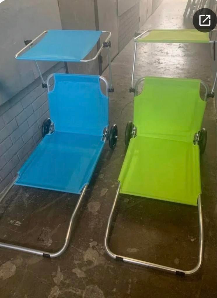 Strandbedden / Ligbedden met wielen en zonnescherm, Ophalen, Zo goed als nieuw, Aluminium, Verstelbaar
