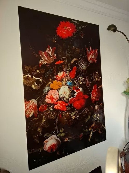 Glasschilderij Bloemen in metalen vaas 80x120cm, Ophalen