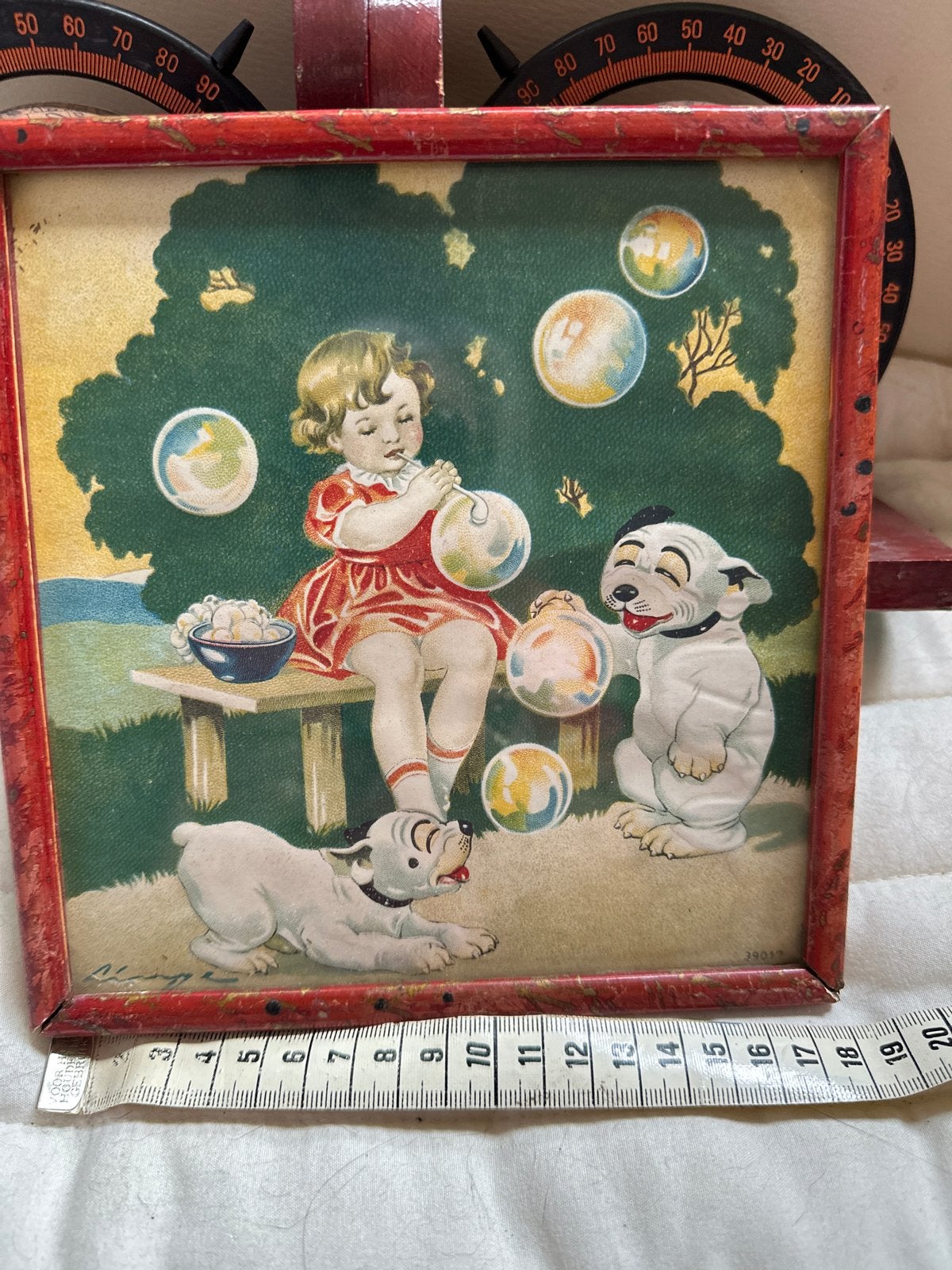 Vintage Schilderij: Meisje met Bellen en Honden, Ophalen, Minder dan 50 cm, Gebruikt, Schilderij