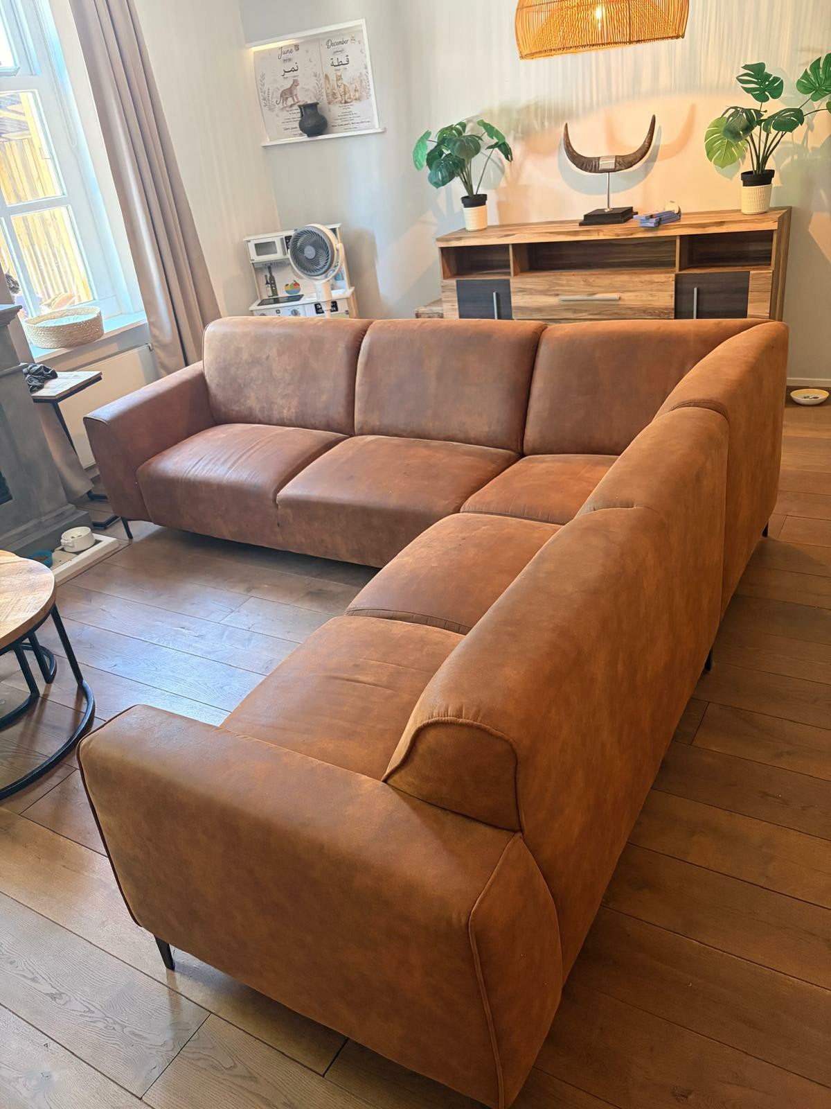 Cognac seude hoekbank, Ophalen, Gebruikt, Leer