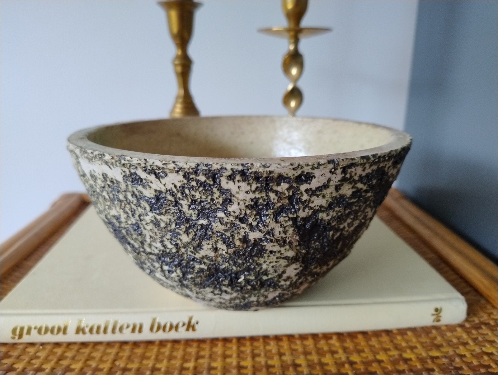 Vintage grote berkenbast chamotte bloempot schaal aardewerk, Gebruikt, Rond, Binnen, Ophalen of Verzenden