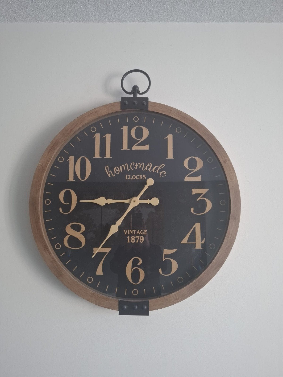 Grote Wandklok Hout Zwart Vintage Stijl, Huis en Inrichting, Ophalen, Gebruikt, Analoog, Wandklok