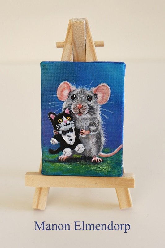 Uniek Handgeschilderd Schilderijtje Muis met Knuffeltje Kat, Acrylverf, Gesigneerd, Ophalen of Verzenden, Dieren