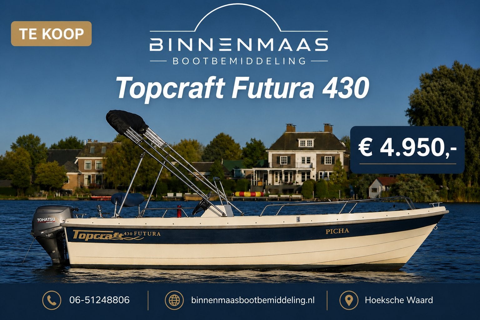 Topcraft Futura 430, trailer en Tohatsu 9.8 pk 4-takt, Ophalen, Elektrisch, Zo goed als nieuw, Topcraft