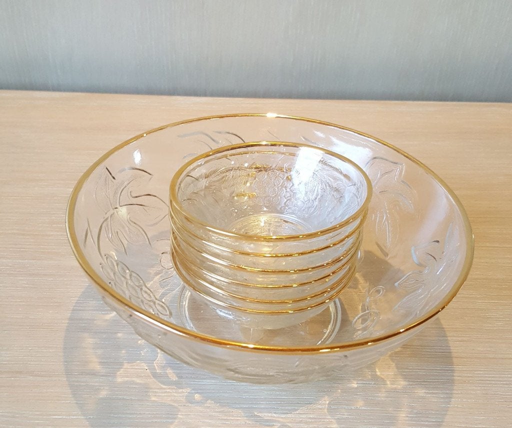 Vintage glazen dessertset / schaal met 6 kommetjes, Ophalen of Verzenden