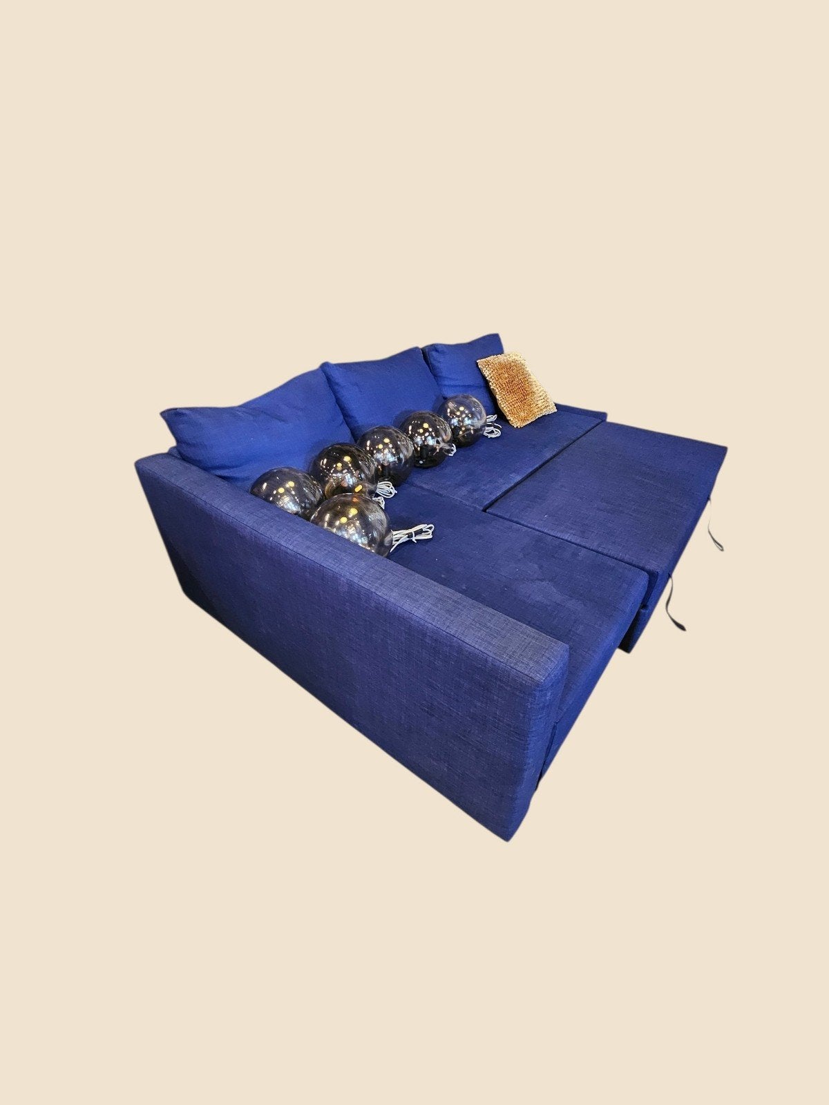 Blauwe hoekbank met slaapfunctie en opbergruimte, Ophalen, Gebruikt, 125 tot 150 cm, Modern, Functioneel