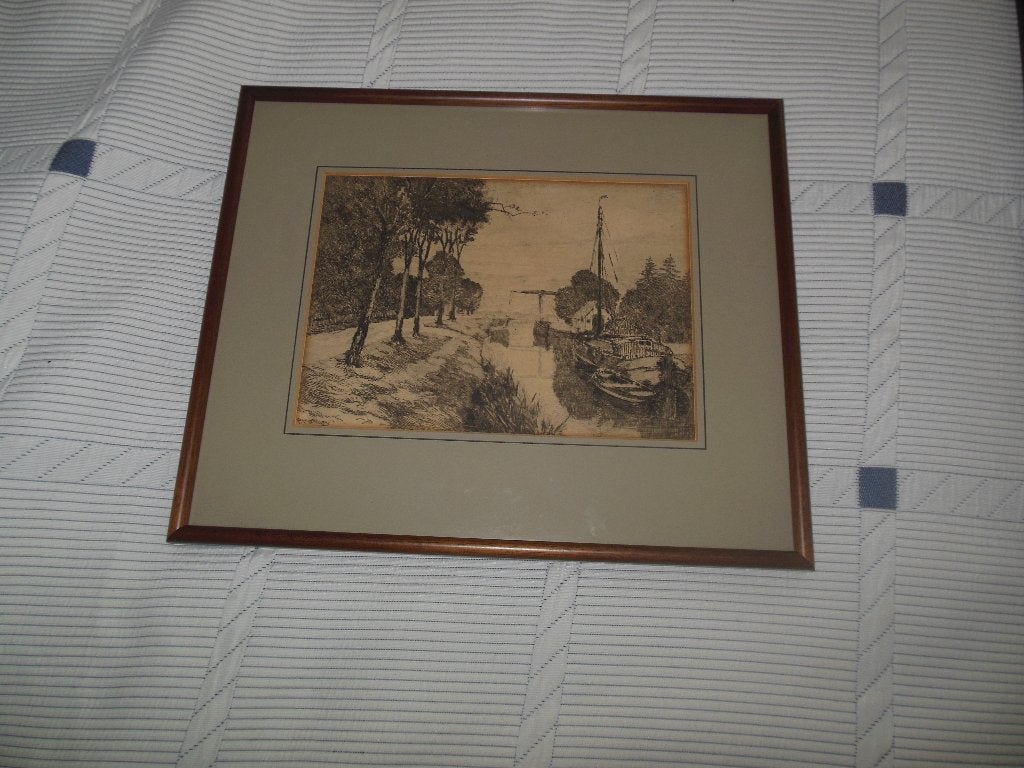 1 ingelijste ets van O.P. Matthes,, Antiek en Kunst, Kunst | Etsen en Gravures, Ingelijst, Ophalen of Verzenden, Landschap, 1950 - 1999