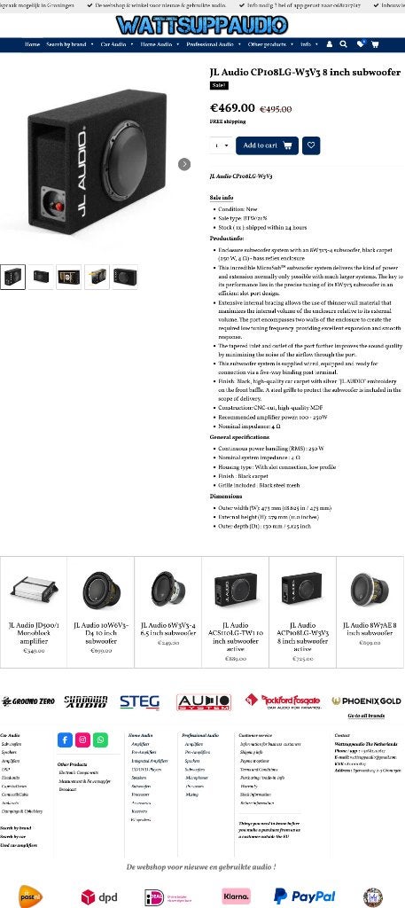 JL Audio CP108LG-W3V3 8 inch subwoofer, Auto diversen, Hifi-Focus, Aalsmeerderweg 173 1432 CL, Aalsmeer, Nieuw, Ophalen of Verzenden