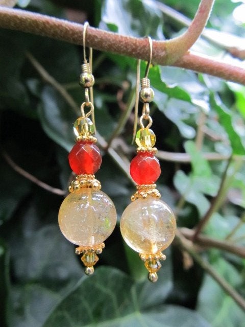 Oorbellen Saïda citrien-carneool-swarovski kristal goud, Ophalen, Nieuw