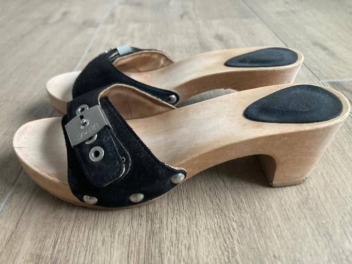 Halfhoge zwarte suède lederen kleppers Scholl mt 37, Scholl, Zwart, Gedragen, Sandalen of Muiltjes