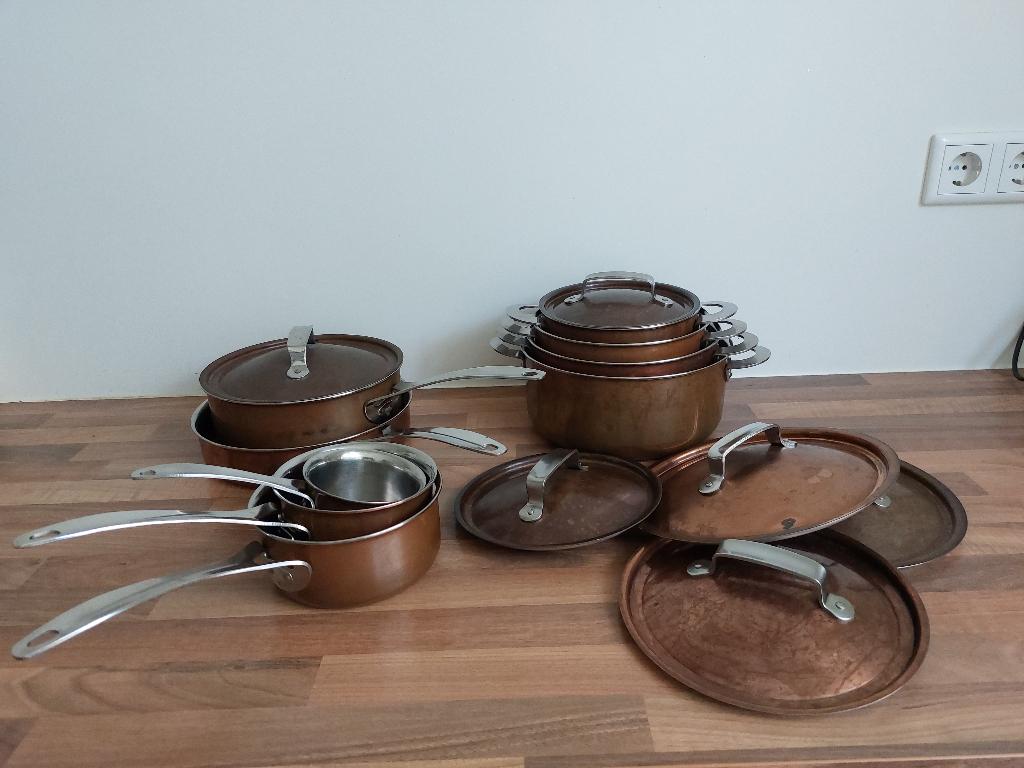 Pannenset BK New Vintage Koper, Ophalen, Keramische plaat, Pannenset, Zo goed als nieuw