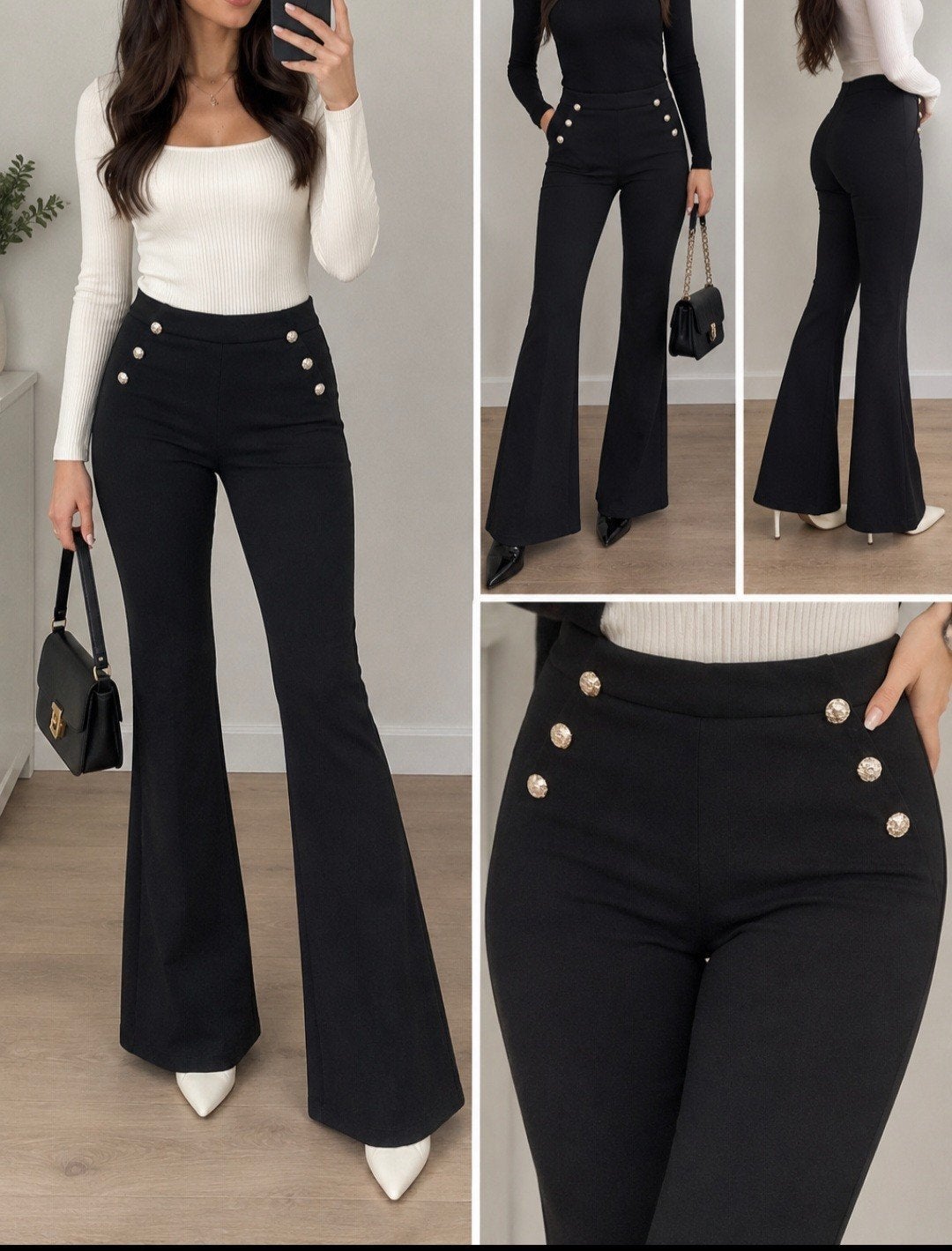 Zwarte flared broek met gouden knopen, Zwart, Nieuw, Ophalen of Verzenden, Onbekend