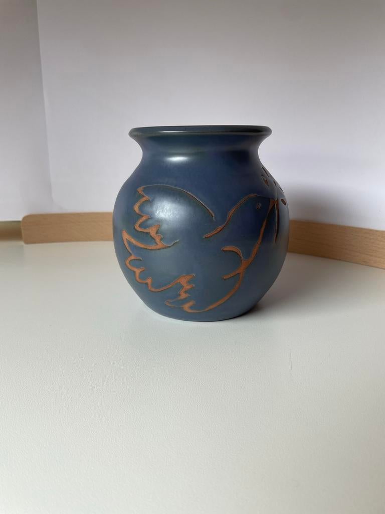 Handgemaakte blauwe vaas met vredesduif, Antiek en Kunst, Ophalen