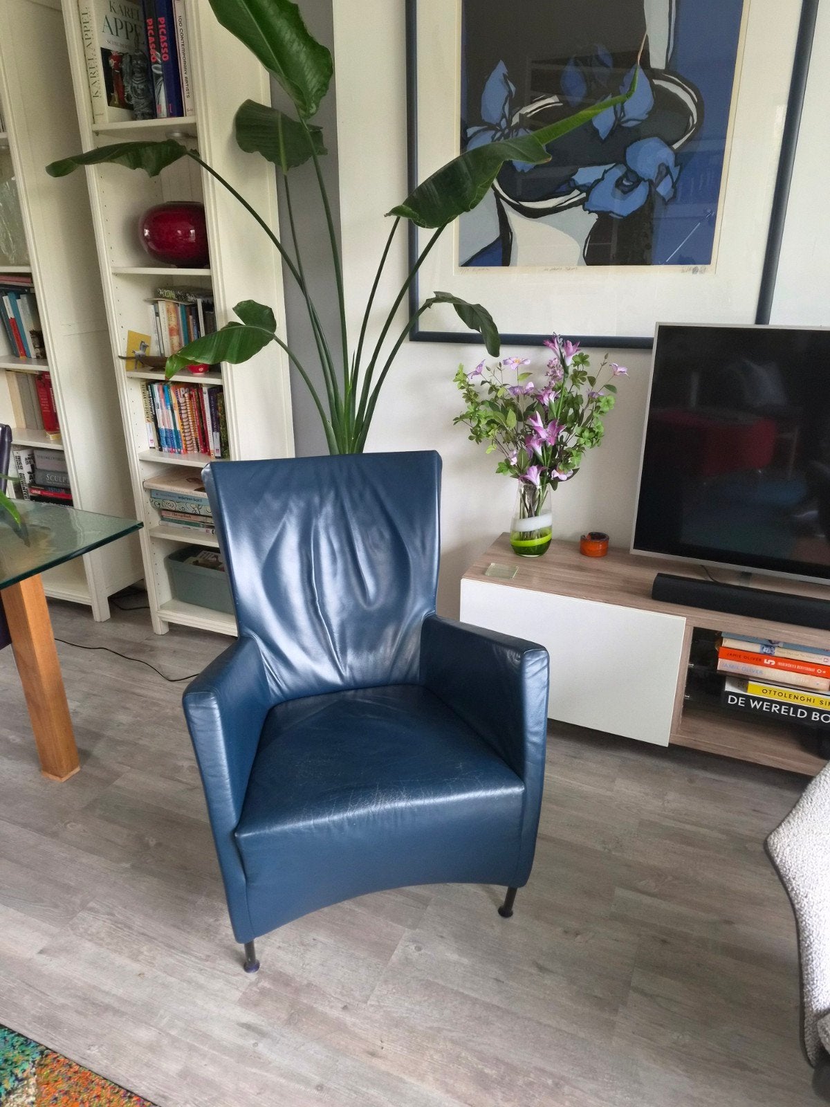 Montis Windy fauteuil - Blauw leer, Huis en Inrichting, Ophalen, Gebruikt, 75 tot 100 cm, Modern, Design