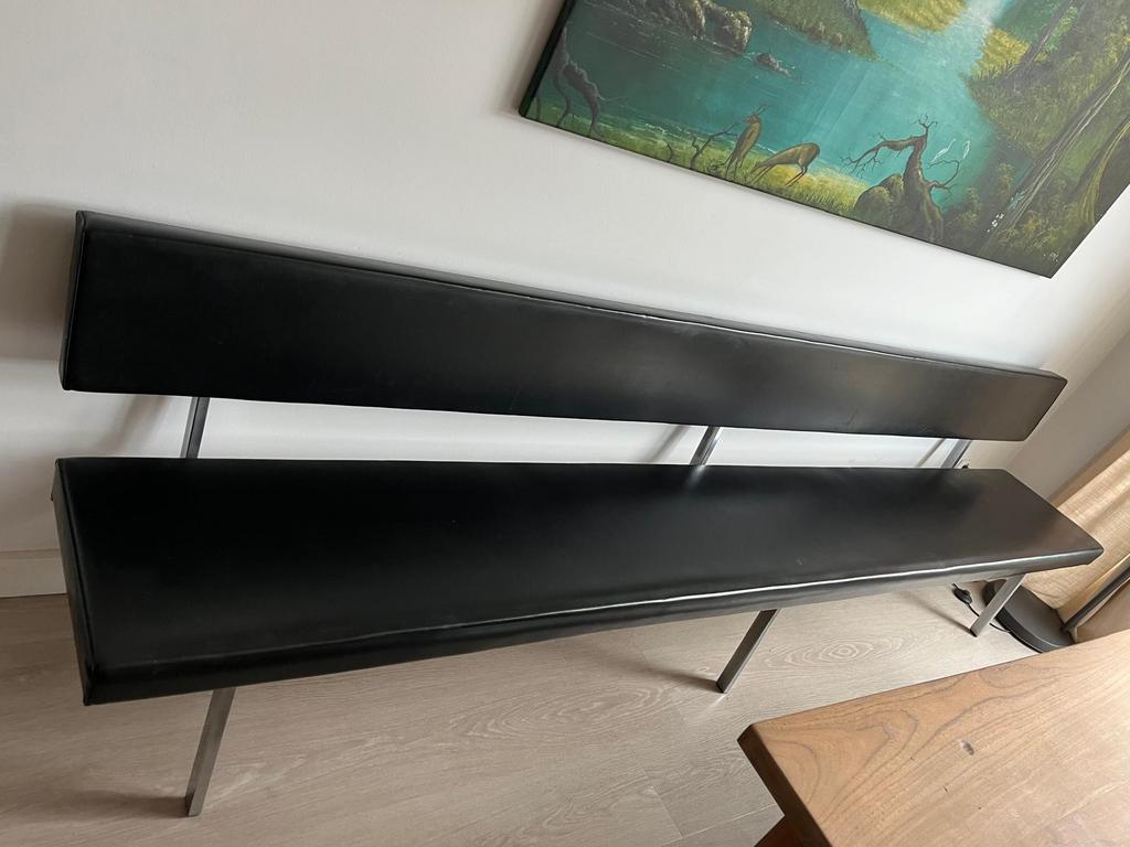 Vintage leren bank met chrome details en velours kussen (3m), Ophalen, 300 cm of meer, Zo goed als nieuw, Modern