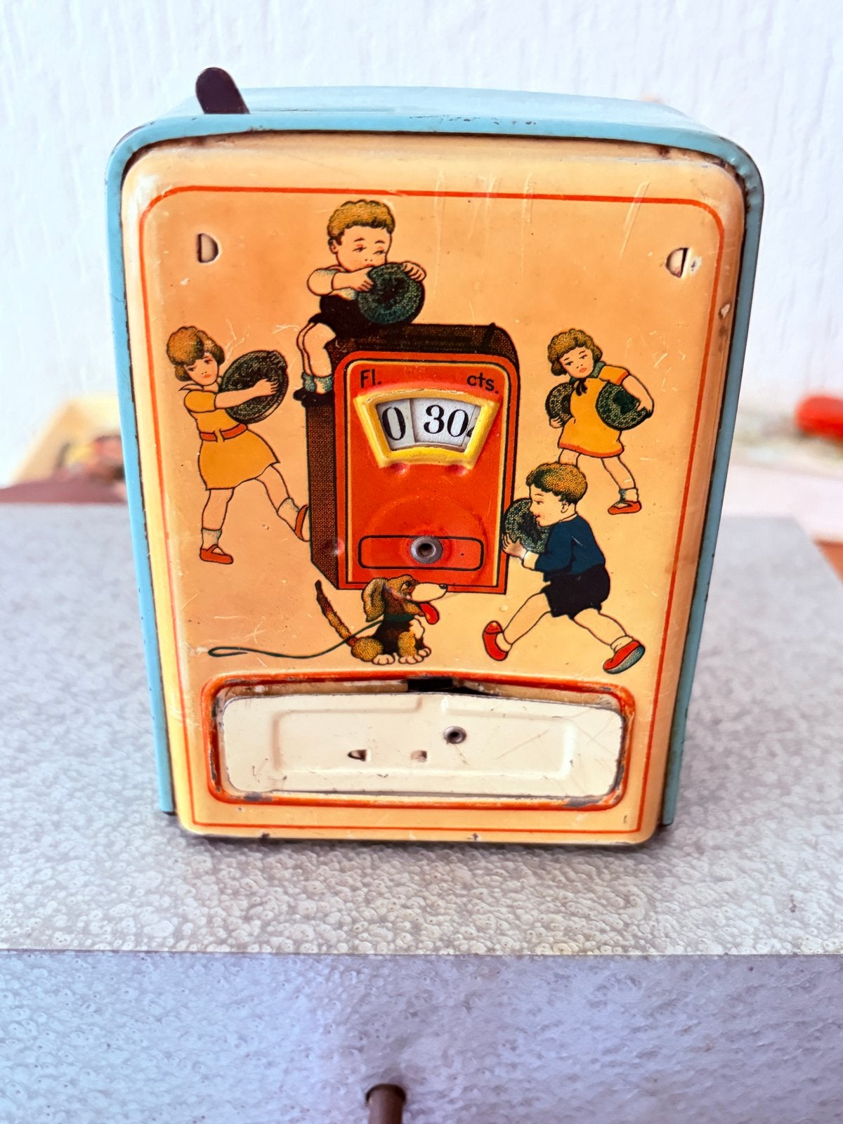 Vintage Blikken Spaarpot Jaren '30-'50 met Kinderillustratie, Ophalen of Verzenden
