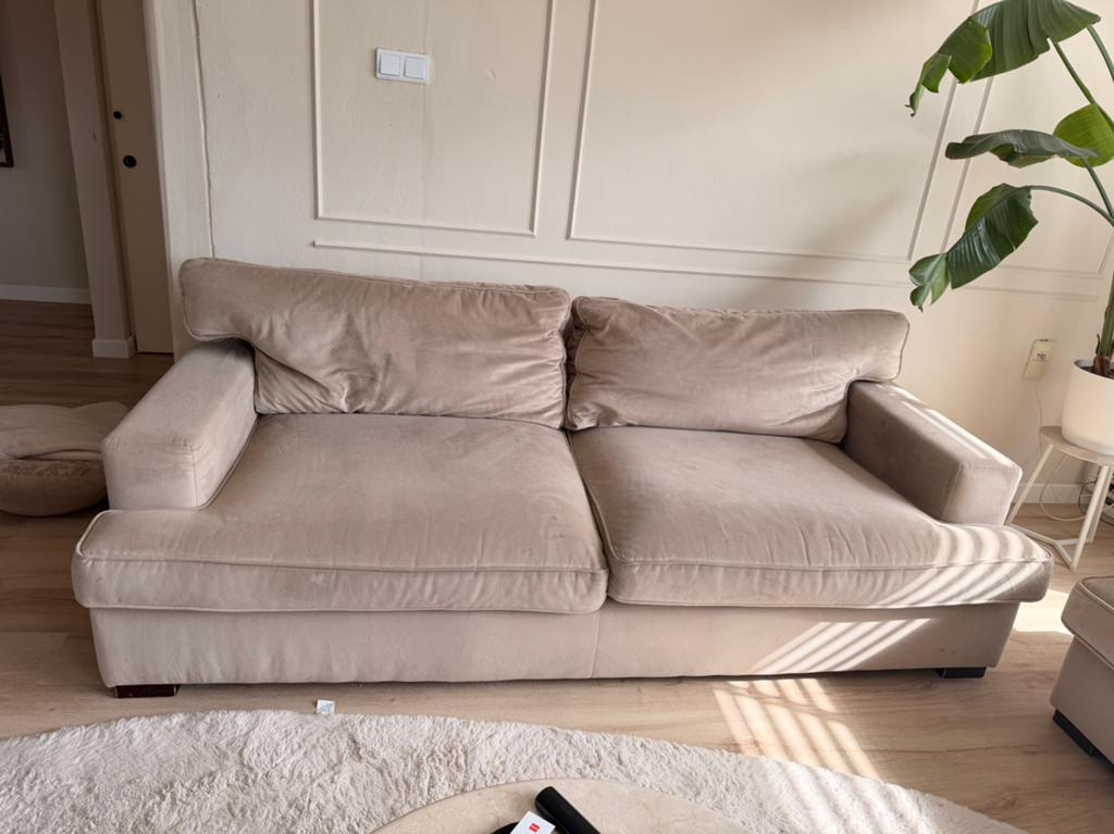 GRATIS!! Velour beige 3 zits bank, Ophalen, Gebruikt, 75 tot 100 cm, 200 tot 250 cm
