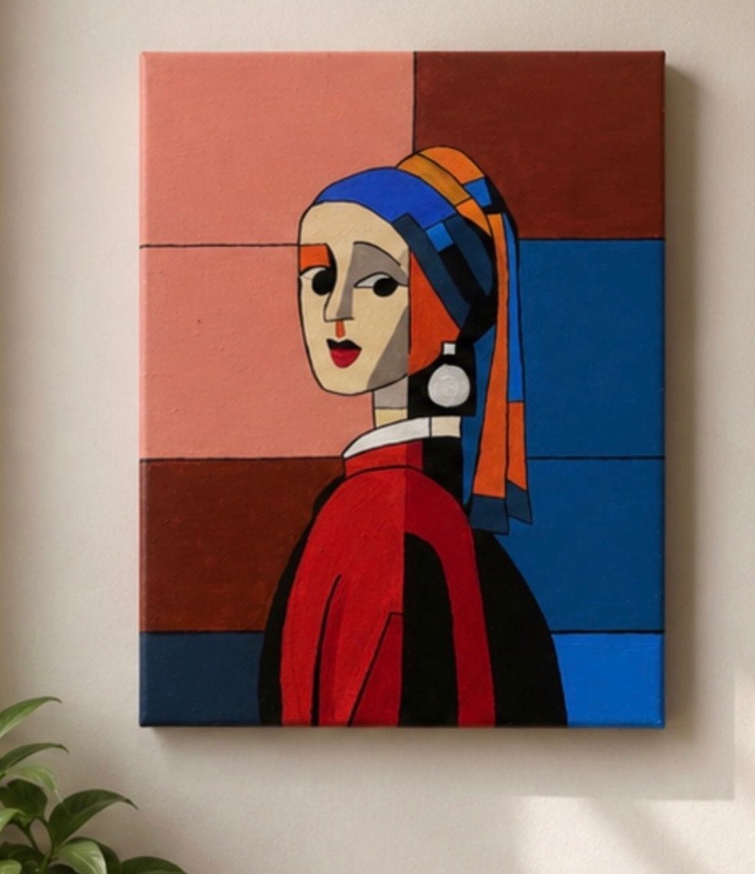 Modern schilderij 'Meisje met de parel' in abstracte stijl, Antiek en Kunst, Acrylverf, Handgeschilderd, Ophalen of Verzenden