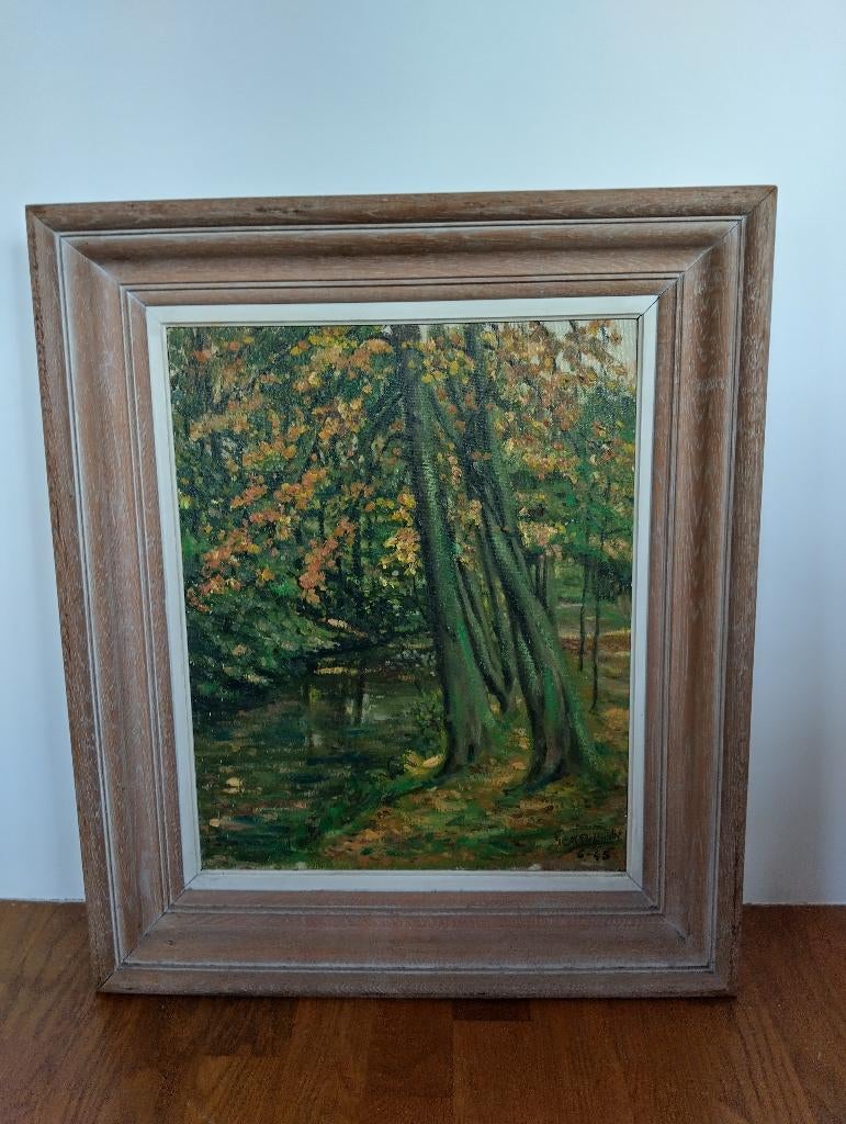 Olieverf schilderij bos 1945, Antiek en Kunst, Kunst | Schilderijen | Klassiek, Ophalen