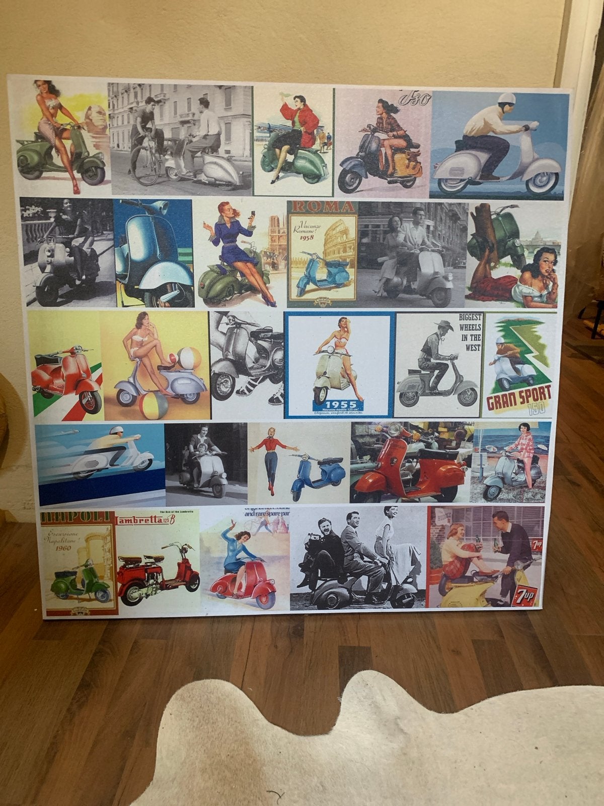 Vintage Vespa Scooter Collage Kunstwerk, Ophalen, 75 tot 100 cm, 75 – 100, Print