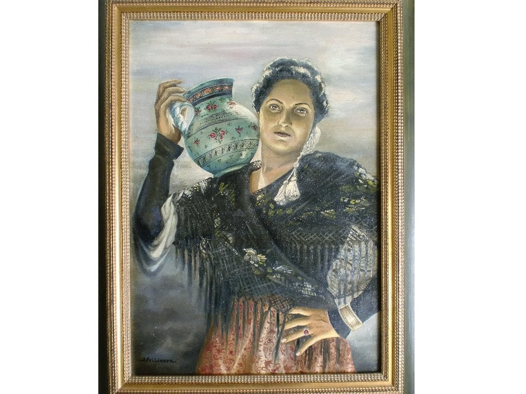 J. Fellinger – Zigeuner vrouw, olieverf Schilderij, 70x50 cm, Paneel, Portret of Personen, Ophalen of Verzenden, Bijzondere lijst
