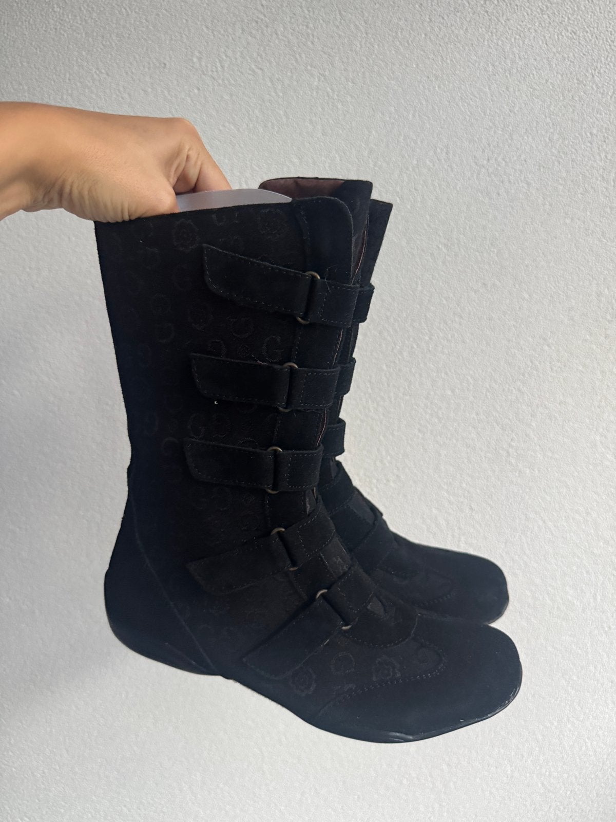 Vintage Y2K biker stijl enkel laarzen met monogram print, Gusacci, Zwart, Lage of Enkellaarzen, Ophalen of Verzenden