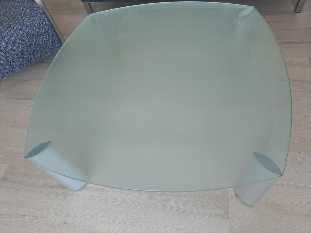 Glazen salontafel met chromen poten 105x105, Ophalen, Gebruikt, Vierkant, Glas