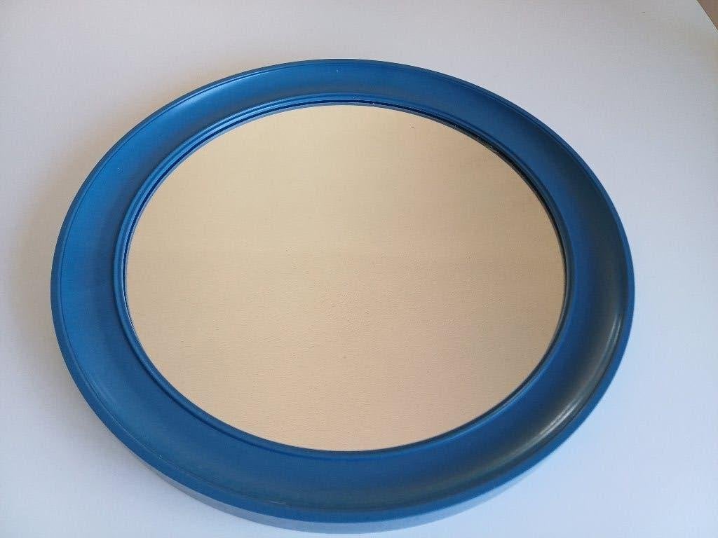 Een vintage ronde spiegel met een blauwe rand, Minder dan 50 cm, Gebruikt, Rond, Ophalen of Verzenden