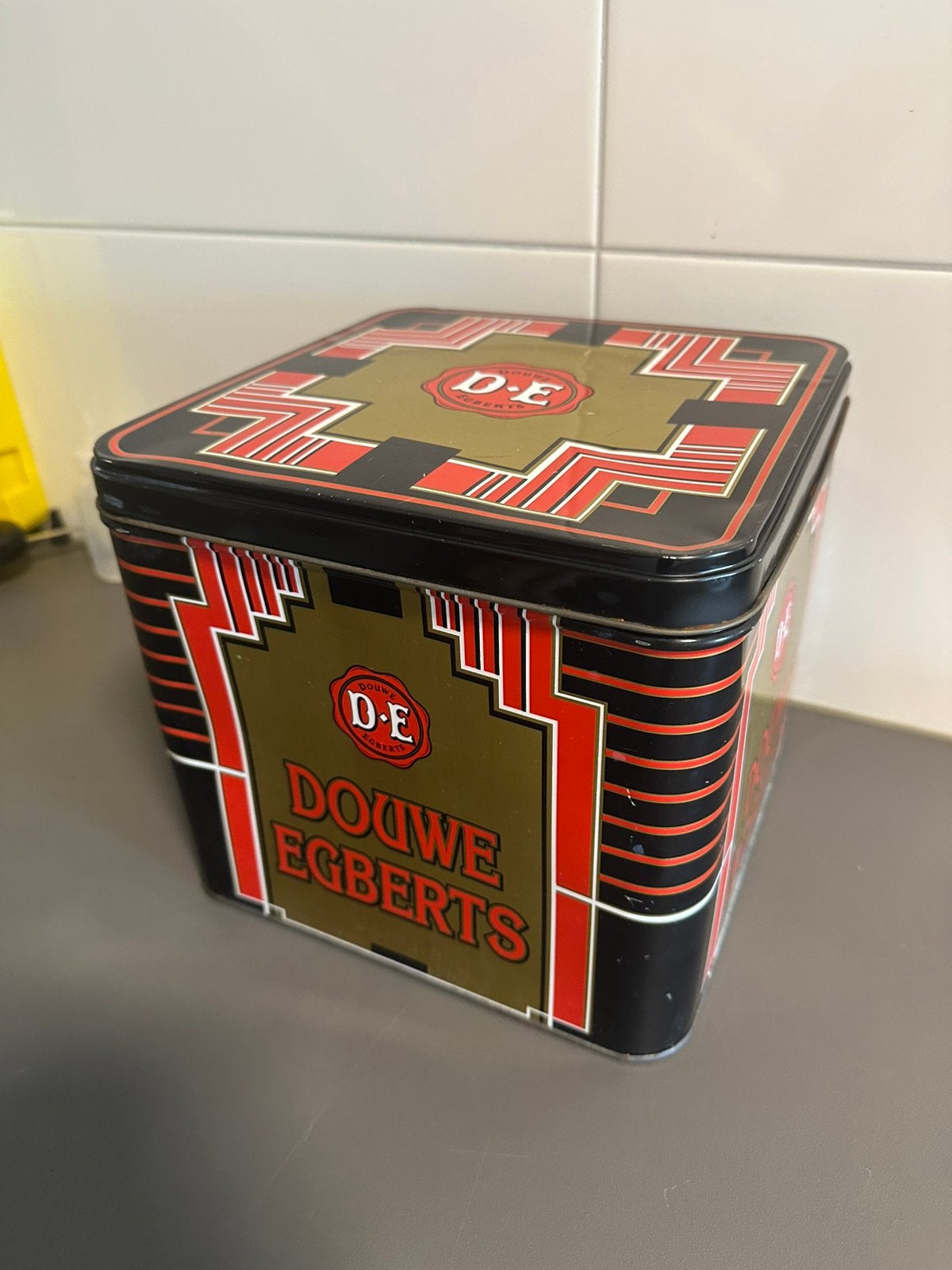 Vintage Douwe Egberts winkelblik (groot model), Ophalen of Verzenden, Gebruikt, Koffie, Douwe Egberts