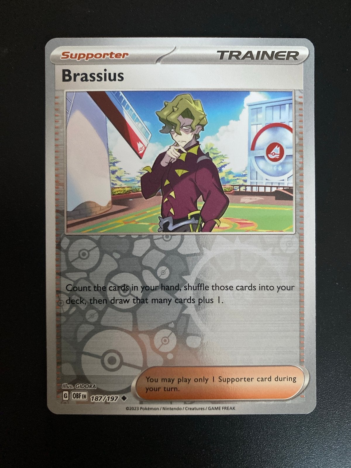 Brassius 187/197 Reverse Holo Obsidian Flames, Ophalen of Verzenden, Zo goed als nieuw, Losse kaart, Foil
